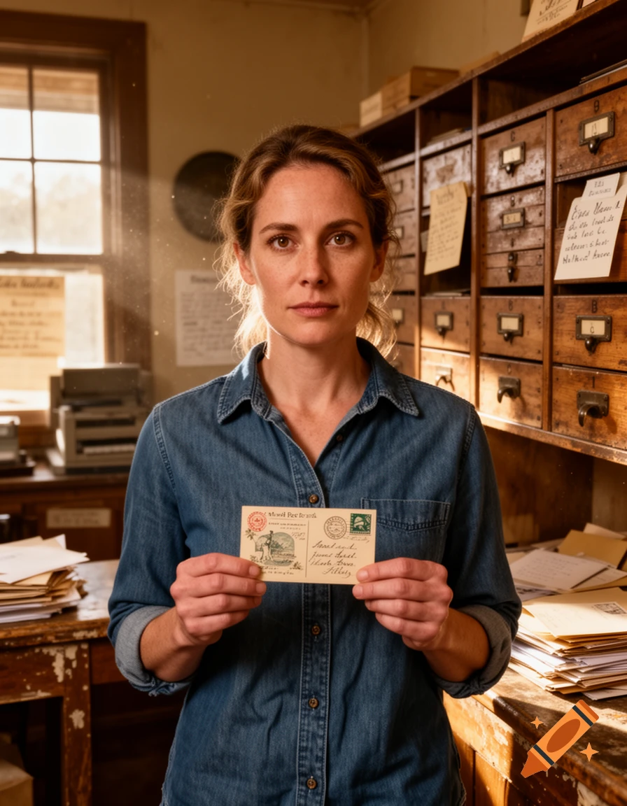 A candid photorealistic portrait of a woman holding a vintage postcard inside a rustic post office.