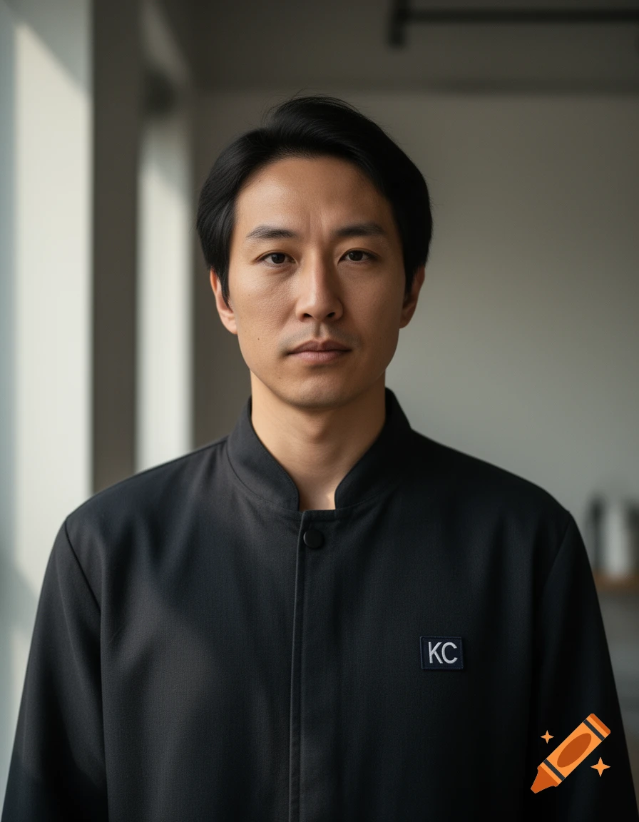 Close-up portrait of an Asian man with black hair wearing a dark jacket with the initials KC on the chest patch.