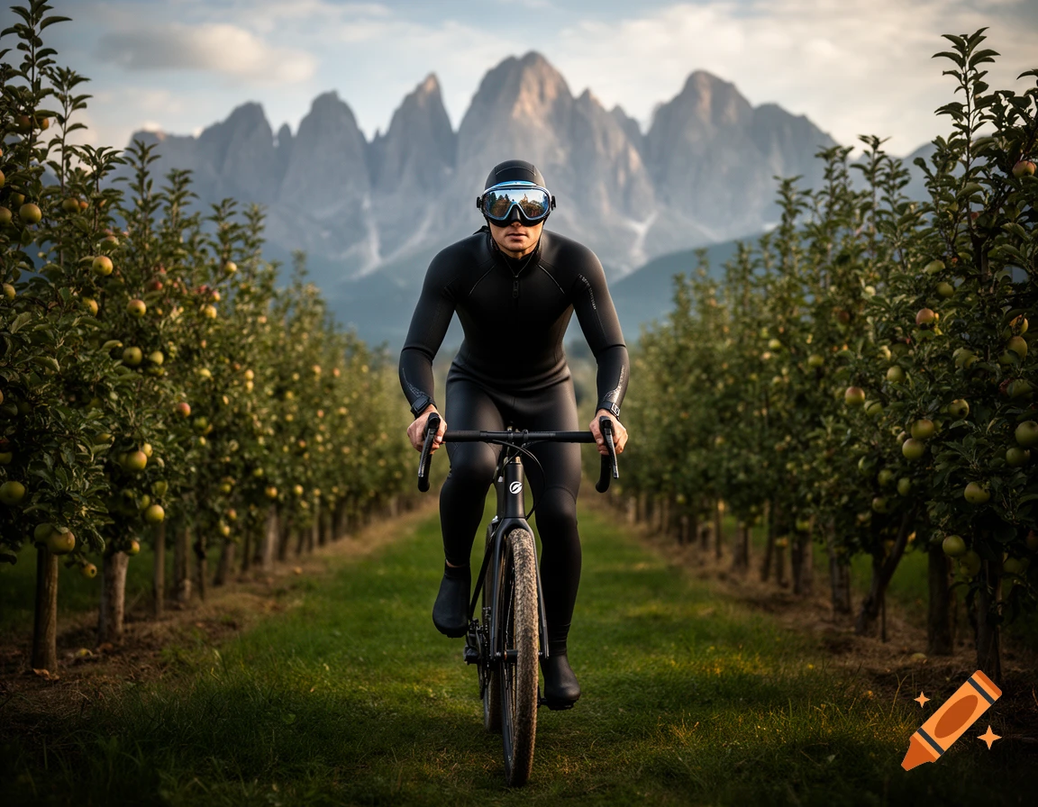 Photorealistic image of a cyclist wearing a wetsuit and goggles, riding a bike through an apple orchard with mountains in the background.