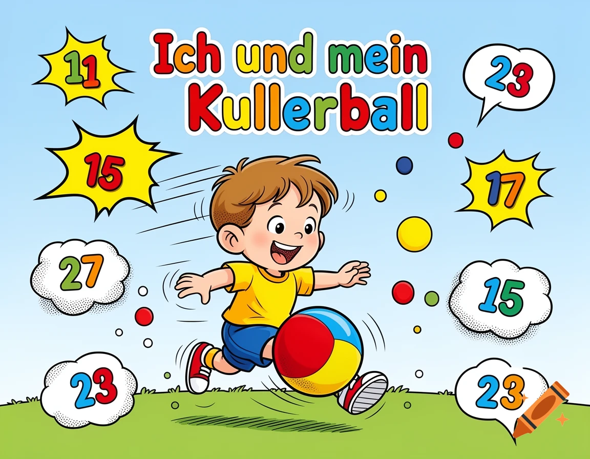 Comic style illustration of a happy boy running with a colorful ball, surrounded by numbers in speech bubbles.