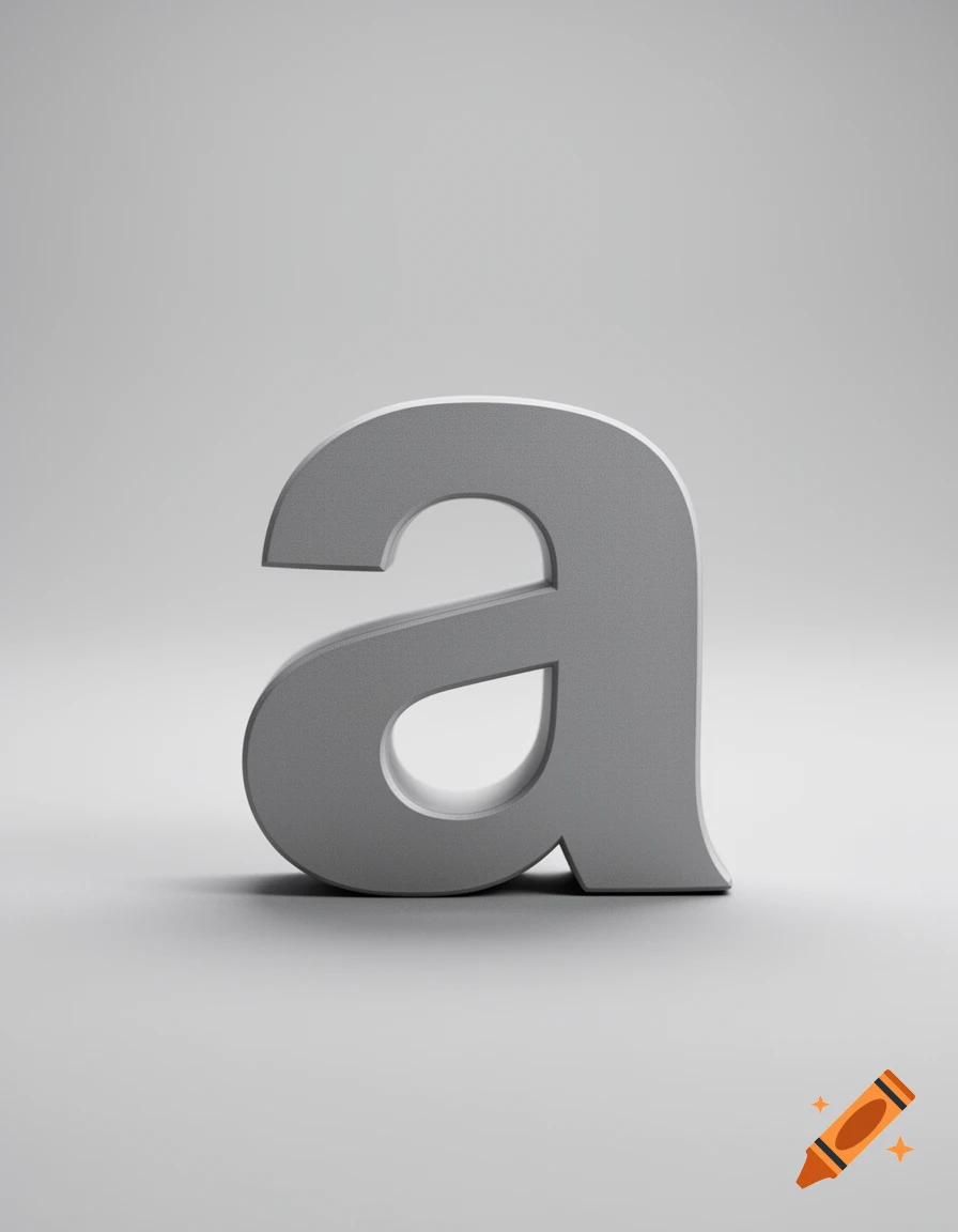 A 3D minimalist grey lowercase letter a on a neutral light grey background.