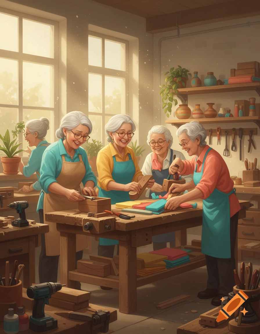 Several elderly women with white hair in a sunny woodworking shop crafting items together, illustration style.