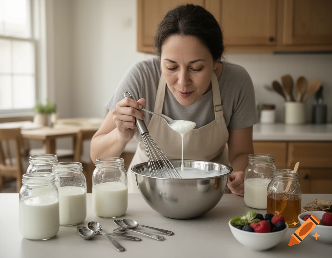 A woman in a kitchen tasting yogurt from a whisk while making food, photorealistic.