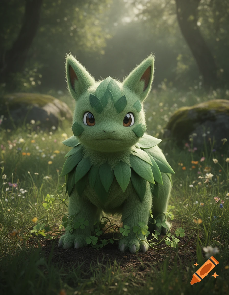 Photorealistic image of a green, furry grass-type quadrupedal creature with leaf-like features standing in a sunlit forest.