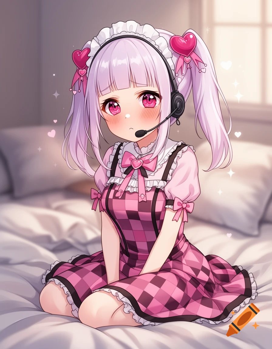 Anime style illustration of a blushing pink-haired girl in a maid outfit sitting on a bed wearing a headset.