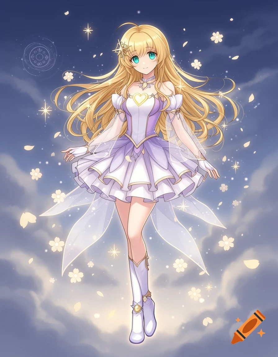 Anime style illustration of a magical girl with blonde hair and a purple and white dress floating in front of a cloudy sky.