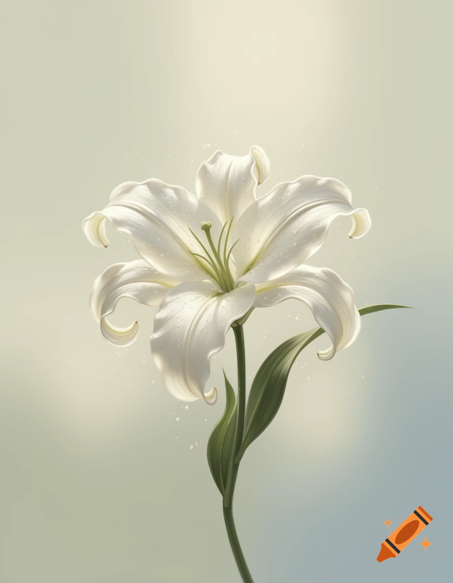 Digital painting of a single white lily flower with green stem and leaves on a soft gradient background.
