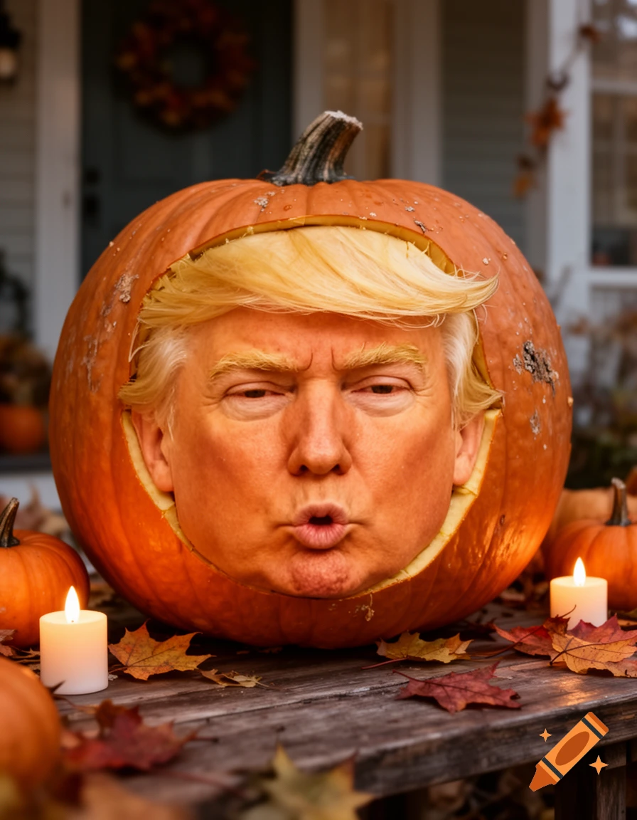 Photorealistic image of a Halloween pumpkin carved to resemble Donald Trump's face, sitting on a rustic wooden porch table with candles and autumn leaves.