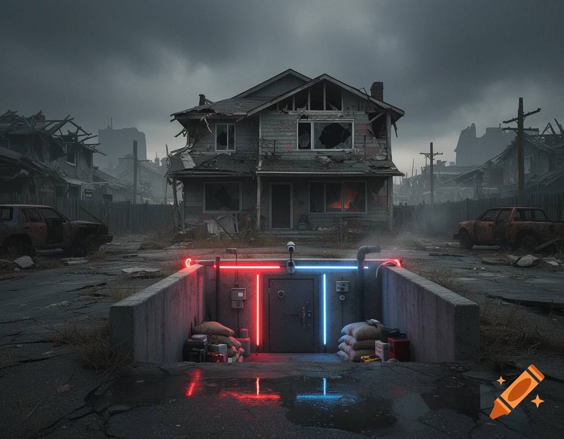 Photorealistic apocalyptic town with a lit bunker entrance featuring red and blue neon lights.