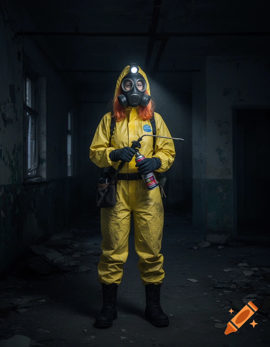 A person in a yellow hazmat suit and gas mask standing in a dark, ruined building at night, photorealistic.