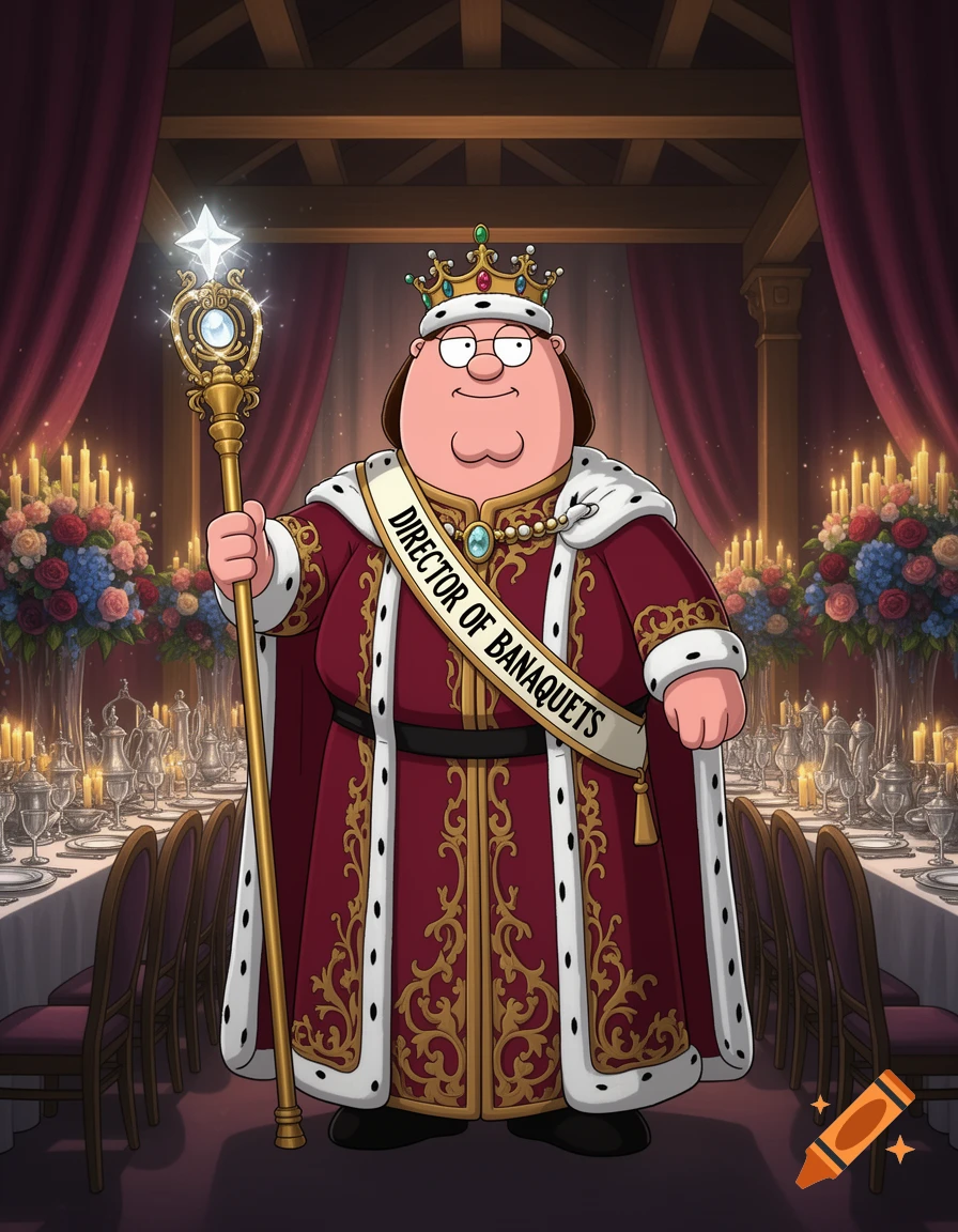 Peter Griffin from Family Guy dressed as a king with a crown and scepter, holding a staff, in a banquet hall with a sash that reads DIRECTOR OF BANAQUETS.