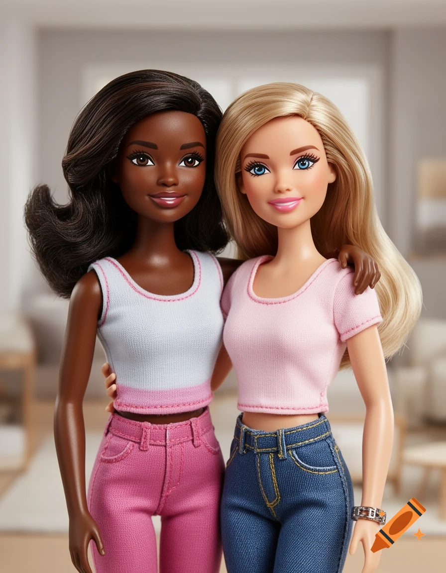 Close-up photorealistic shot of two Barbie dolls, a Black woman with dark hair and a white woman with blonde hair, smiling and hugging.