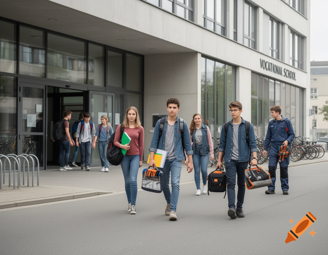 Students walking outside in front of a modern vocational school building, carrying bags and folders, photorealistic.