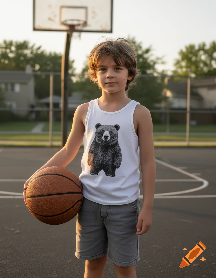 Photorealistic image of a young boy holding a basketball on an outdoor court.