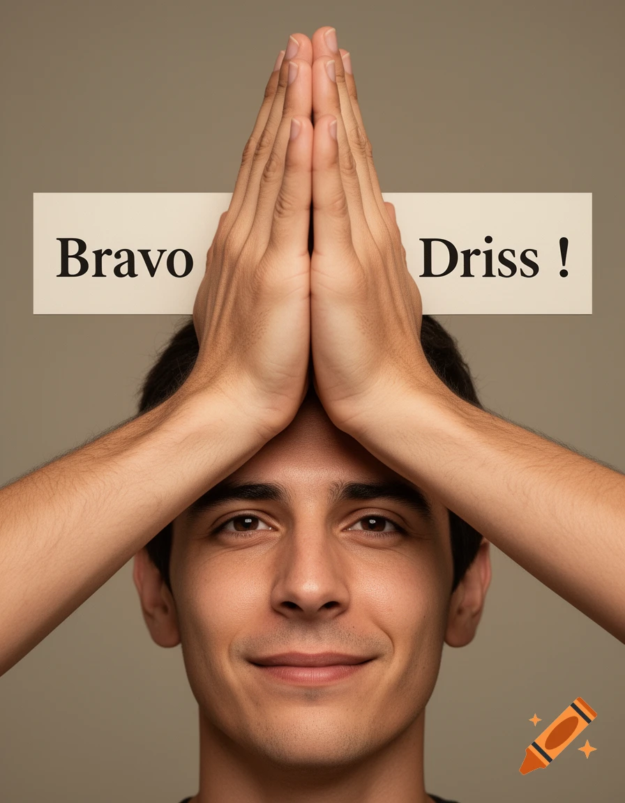 Close-up portrait of a smiling young man holding his hands together in a prayer gesture above his head, with a sign reading 'Bravo Driss !'