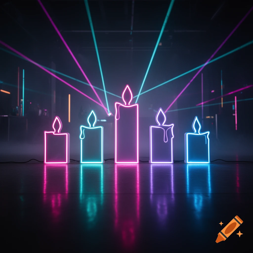 Neon LED candle silhouettes and laser beams in a dark, atmospheric room with floor reflections