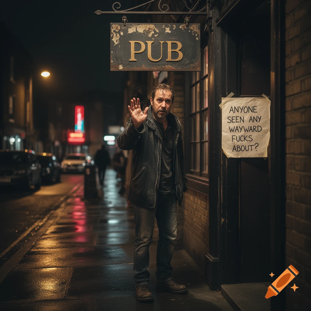 Photorealistic night scene of a man standing outside a pub under a sign reading 'PUB', with a handwritten sign on the door.