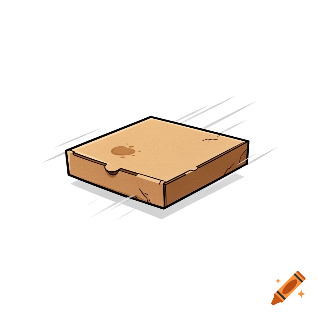 A 2D cartoon illustration of a single closed cardboard pizza box flying through the air on a white background.