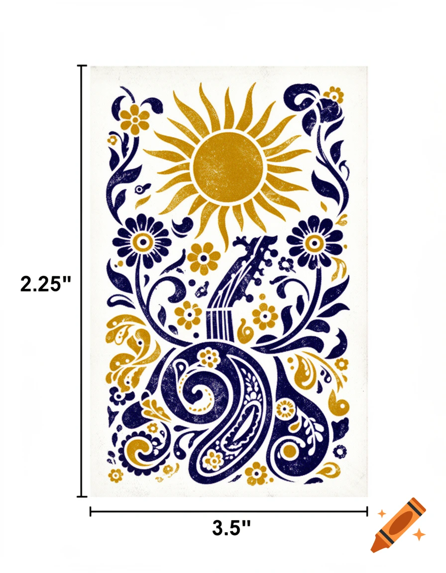 Psychedelic stencil art featuring a yellow sun, blue flowers, and a guitar in two-color design.