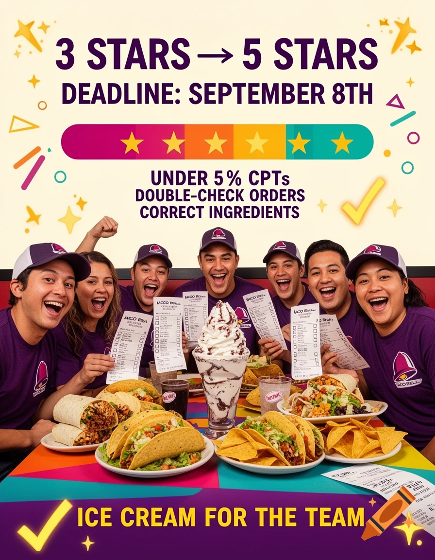 A team of Taco Bell employees cheering behind a table filled with tacos, burritos, and a large sundae, with promotional text overhead.