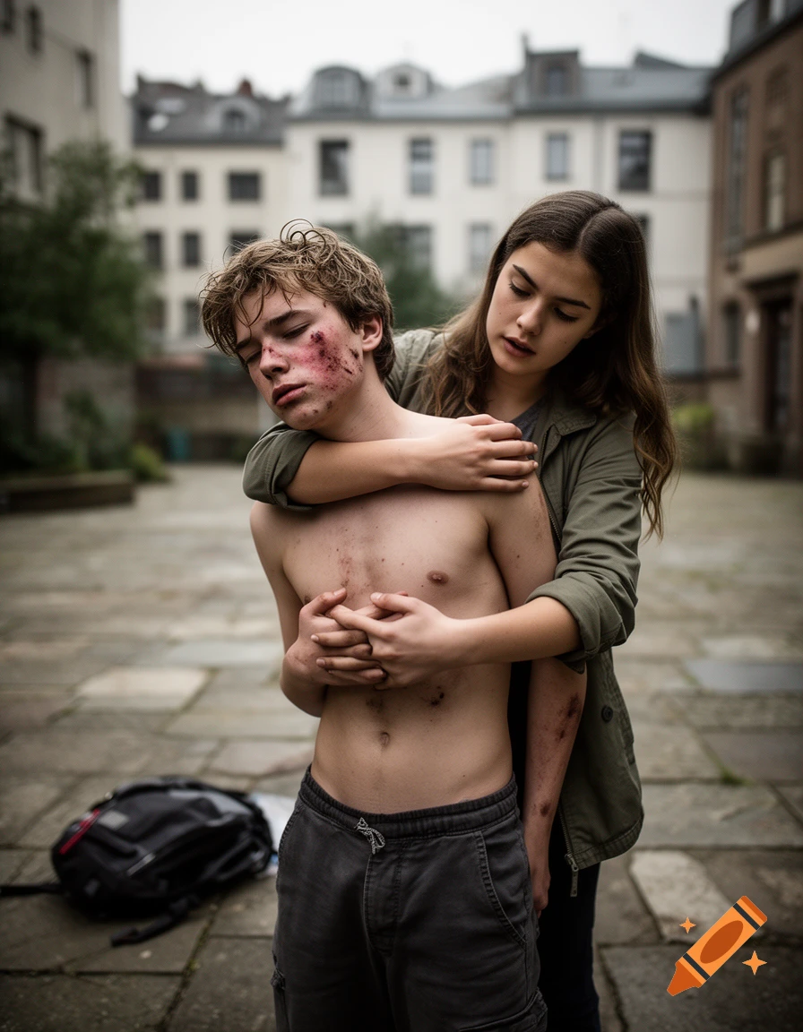 A young girl holding an unconscious, bruised shirtless boy in an outdoor courtyard, photorealistic.