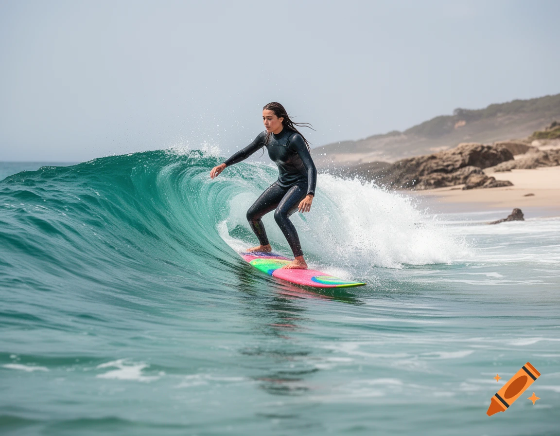 A woman riding a surfboard inside the barrel of a turquoise ocean wave at the beach.