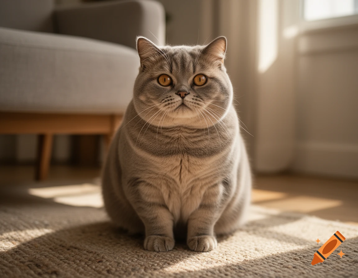A plump, grey munchkin cat sitting on a carpeted floor in a sunlit room.