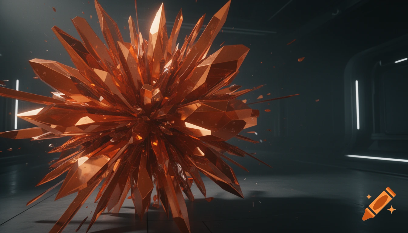 Cinematic 3D render of an abstract orange crystalline structure exploding outward in a dark futuristic room.