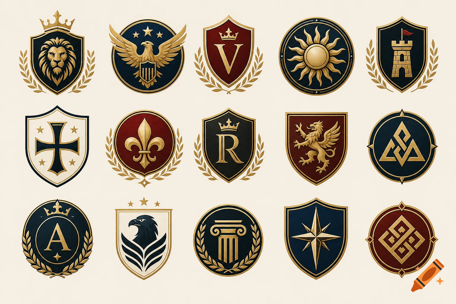 A collection of fifteen vector-style coat of arms and emblem designs featuring lions, eagles, crowns, and geometric shapes.