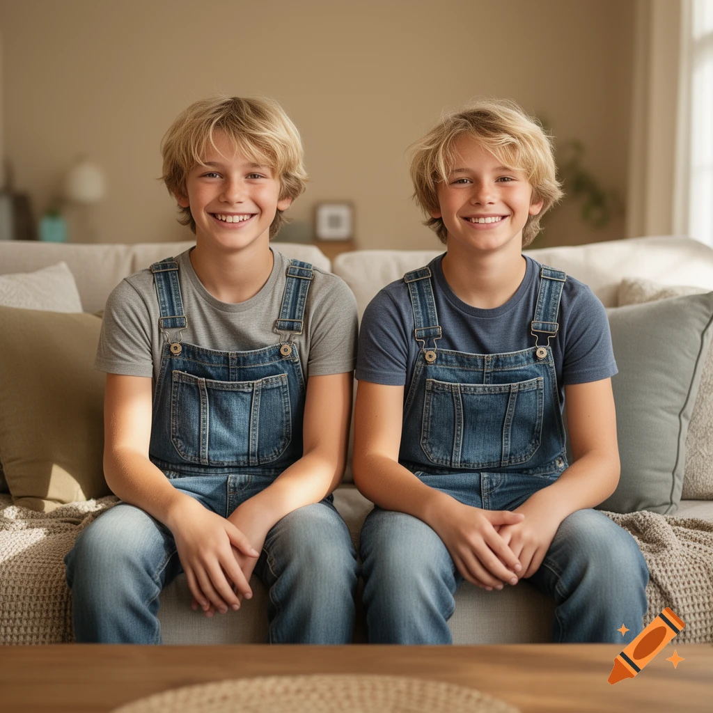 Photorealistic image of two smiling 13-year-old boys with tousled blond hair sitting on a couch, wearing denim overalls.