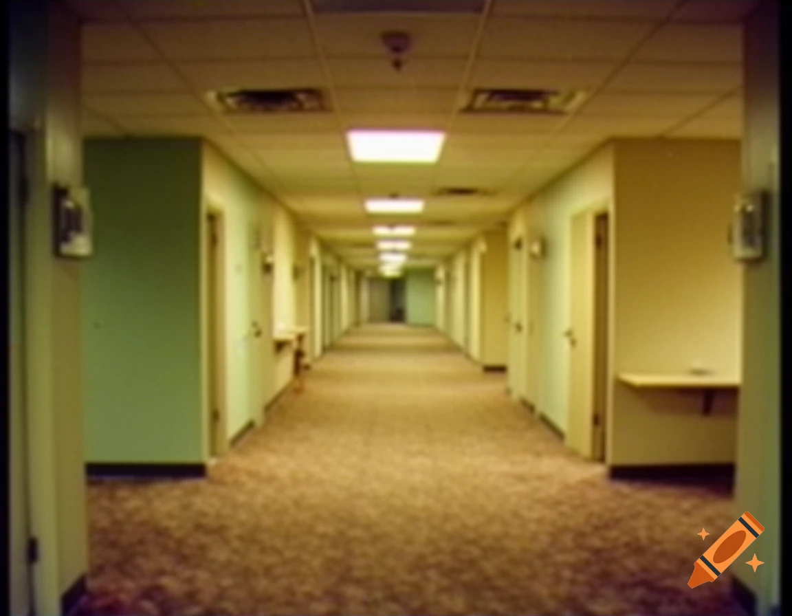 Vintage low-quality photograph of a long, empty hotel hallway with green walls and patterned carpet.