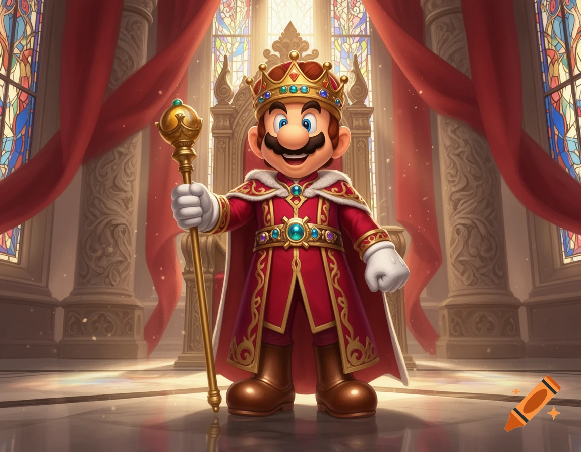 Mario dressed in a royal red robe and crown, holding a scepter inside a grand palace with stained glass windows.