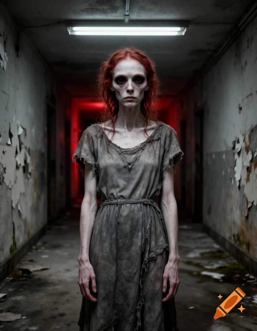 Photorealistic depiction of a pale, gaunt entity with red hair standing in a dilapidated hallway.