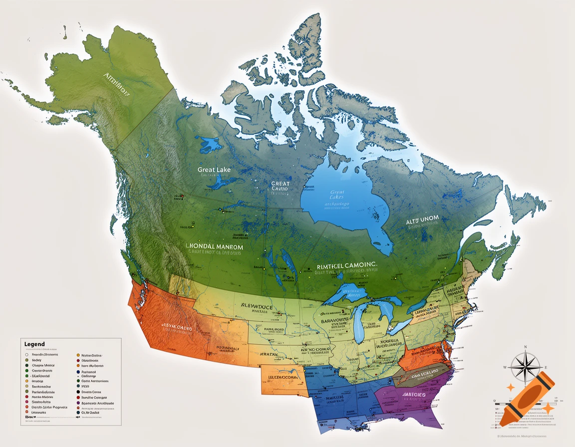 An AI-generated stylized map of North America with garbled province and city labels.