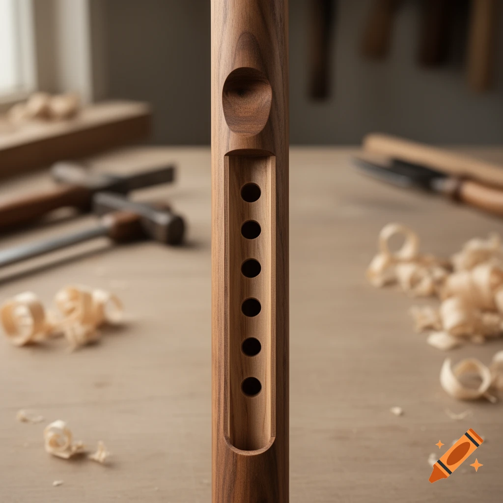 Close-up photorealistic shot of a wooden Native American flute on a workbench surrounded by wood shavings and tools.