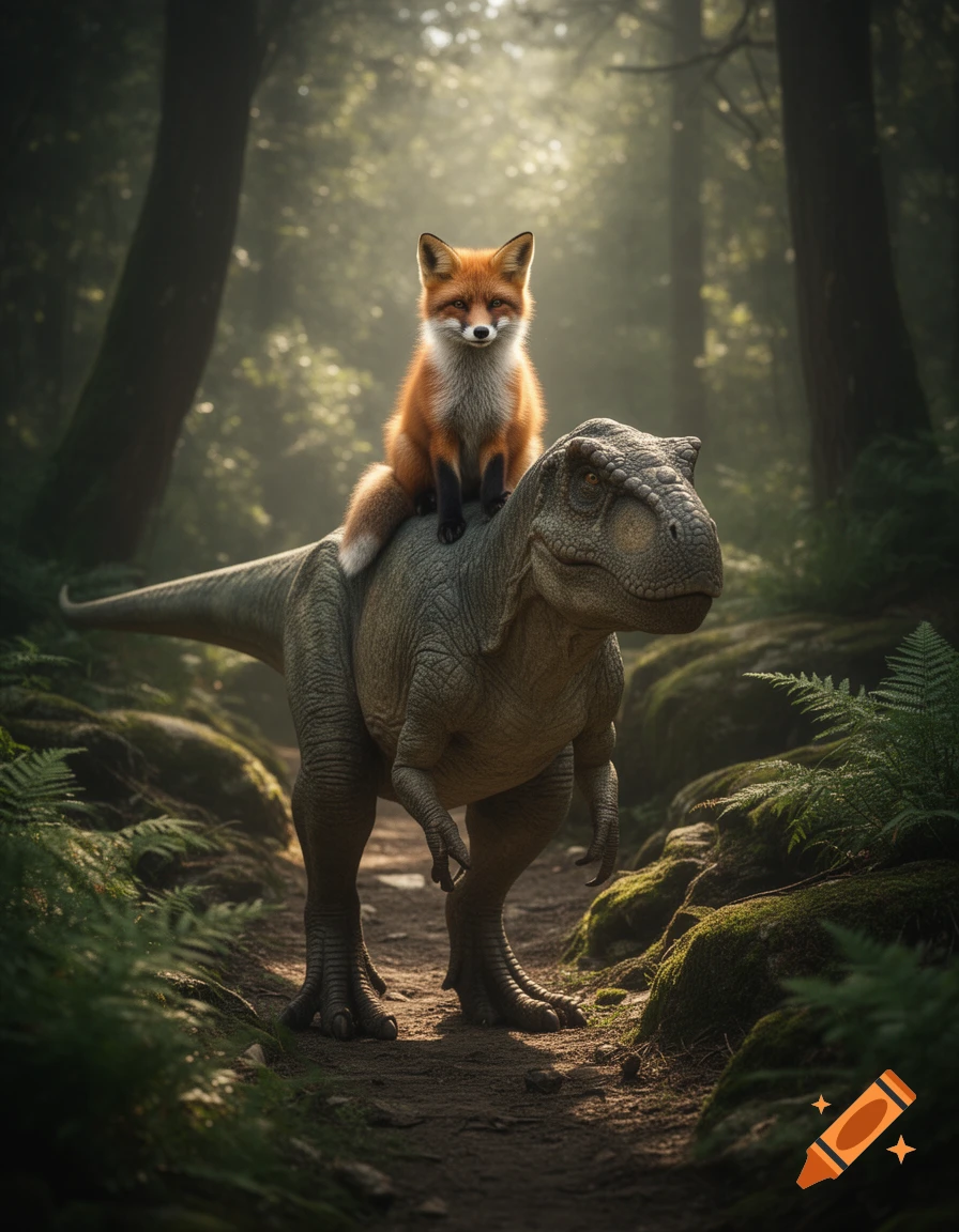 An orange and white fox riding on the back of a large dinosaur in a misty forest.