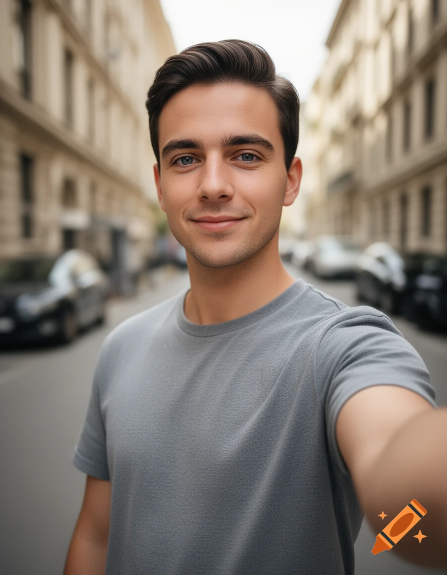 Photorealistic selfie of a young man with dark hair and a grey t-shirt on a city street.