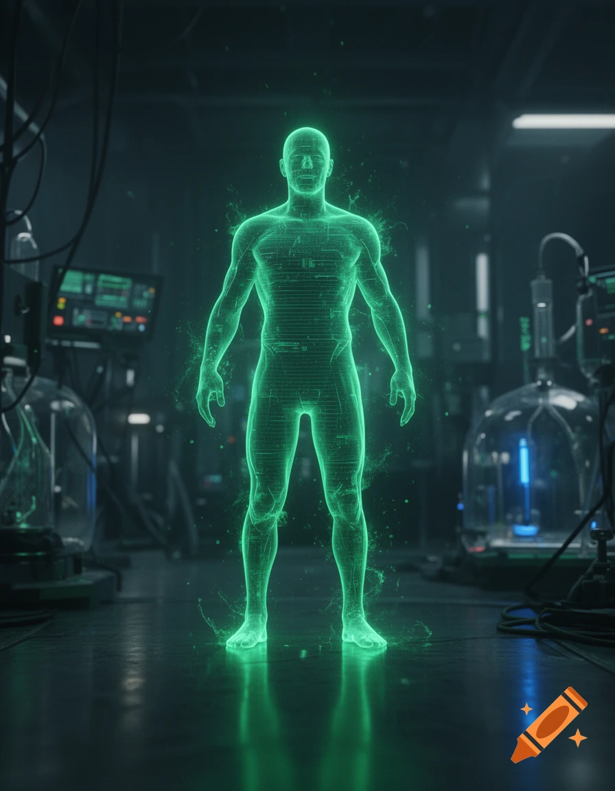 Photorealistic image of a glowing green human holographic projection standing in a dark laboratory.