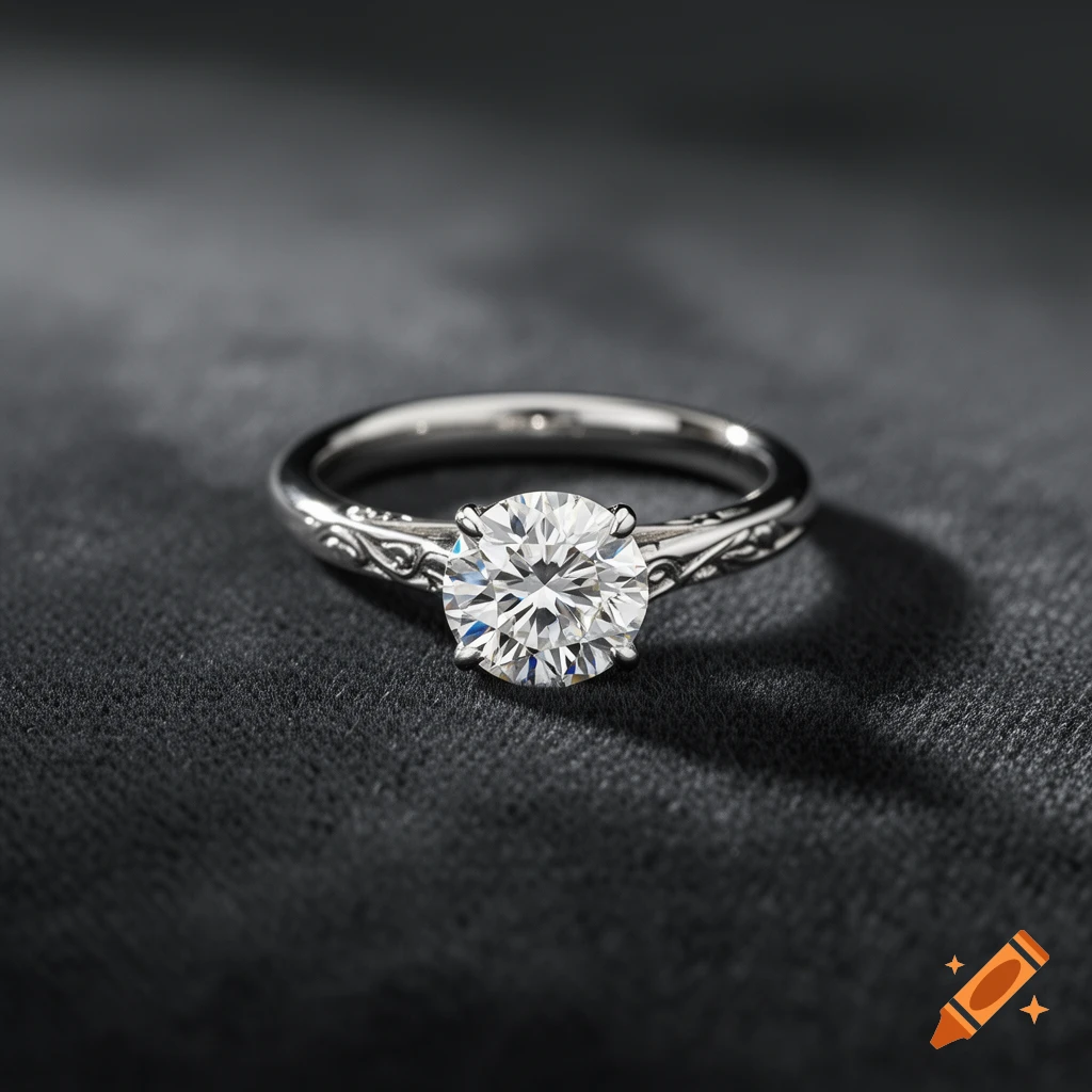 Close-up of a platinum diamond engagement ring with intricate band details on a dark grey surface, photorealistic.
