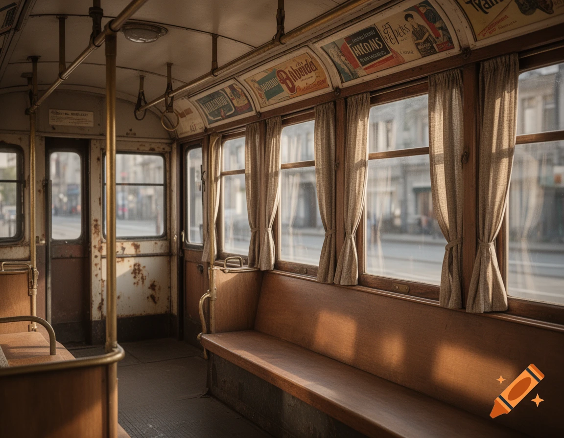 Interior of an old, warm vintage tram with wooden benches, rusty walls, curtains, and adverts above the windows, photorealistic.