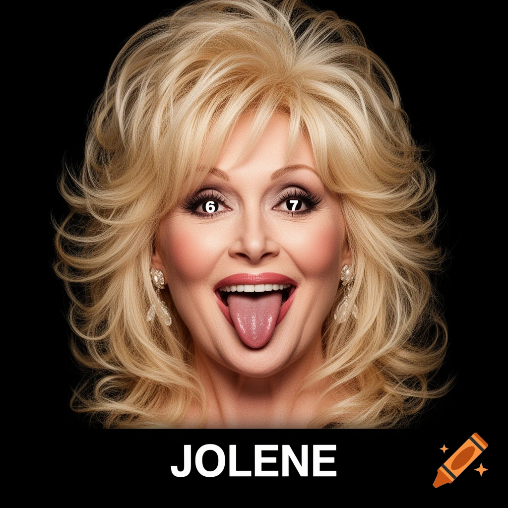 Close-up portrait of Dolly Parton with blonde hair, sticking out her tongue with the numbers 6 and 7 in her eyes, and the word JOLENE at the bottom.