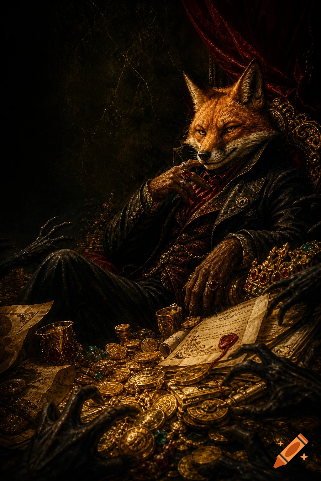 An anthropomorphic fox dressed in a Victorian coat sitting on a throne surrounded by piles of gold coins, dark fantasy film poster style.