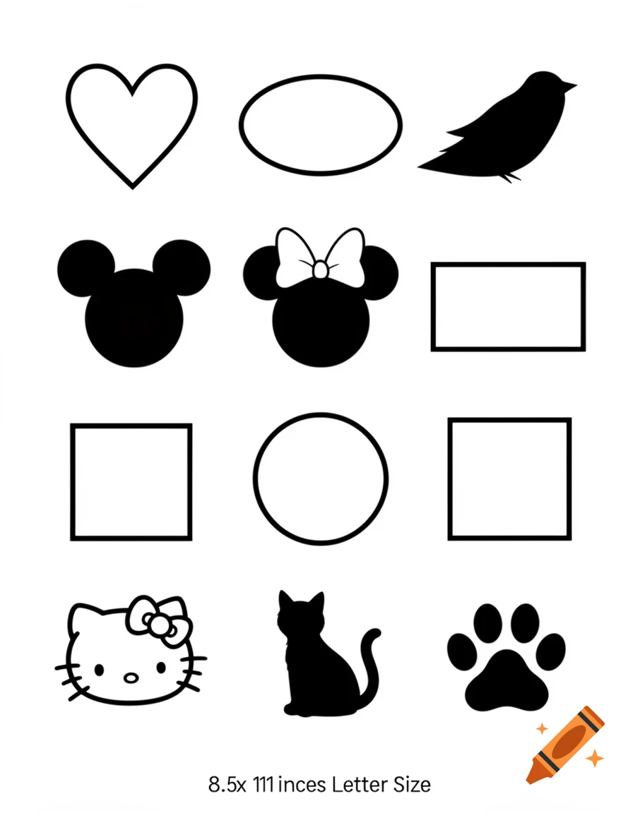 Black silhouette cut out shapes including a heart, oval, bird, Mickey Mouse, Minnie Mouse, Hello Kitty, cat, and paw print on a white background.