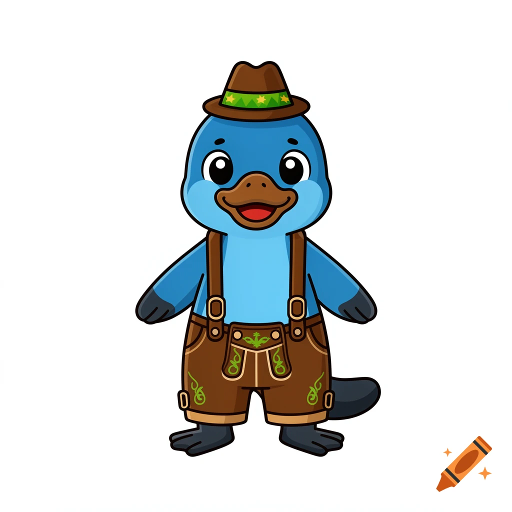Vector style cartoon illustration of a cute blue platypus wearing traditional German lederhosen and an alpine hat on a white background.