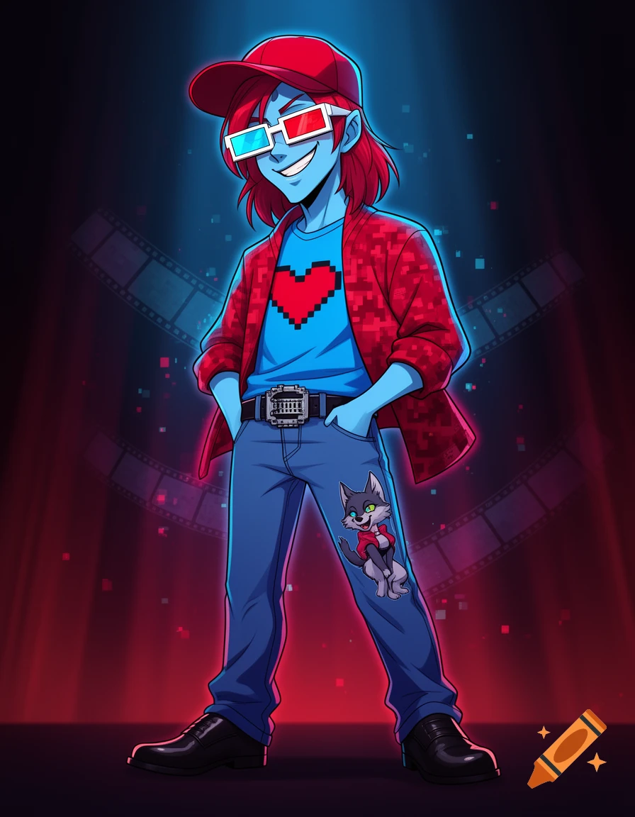 Digital illustration of a blue-skinned male character with red hair, 3D glasses, and a pixel heart t-shirt standing in front of a red stage curtain.