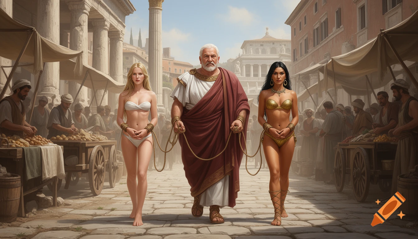 Photorealistic scene of a Roman dominus leading two female slaves in bikinis on leashes down a busy ancient street.
