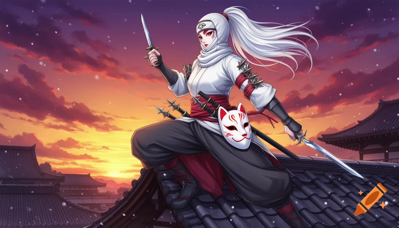 Anime illustration of a white-haired female ninja in traditional clothing holding a tantō and shuriken on a roof at sunset.