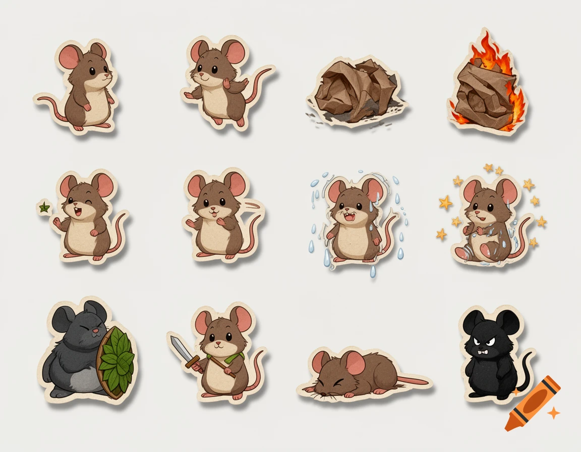 A sheet of cute cartoon mouse stickers in various poses and variants, including a knight and a black mouse, with white paper borders.