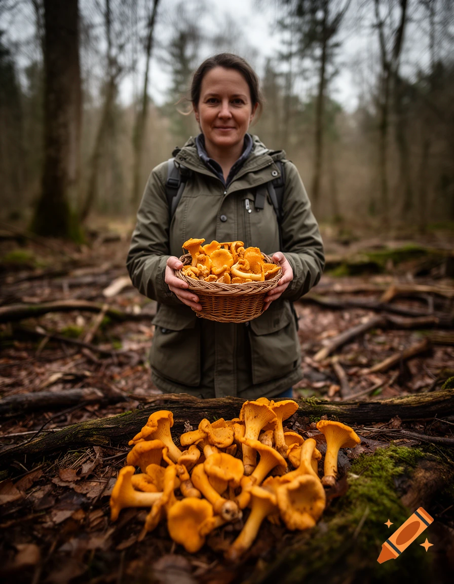Photorealistic image of a woman holding a basket filled with chanterelle mushrooms in a forest.