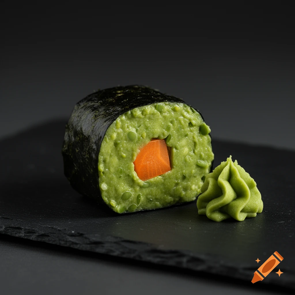 Macro studio photo of a gourmet sushi maki roll with green pea soup filling instead of rice, carrot center, and wasabi on a black slate.